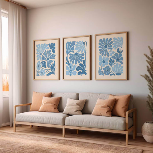 Indigo Leafs - Floral Wall Art - Set of 3