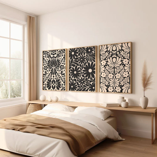 Beige Black Floral Trio - Botanical Wall Art - Set of 3