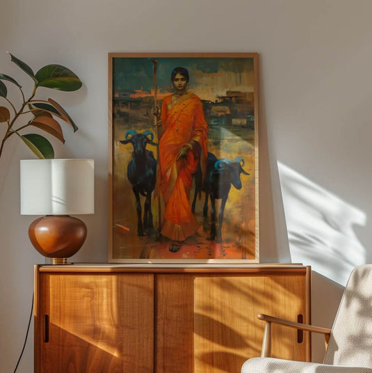 Women And The Goats - Indian Wall Art