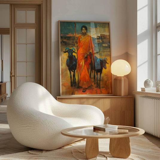 Women And The Goats - Indian Wall Art