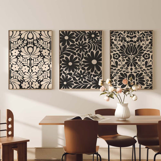 Beige Black Floral Trio - Botanical Wall Art - Set of 3